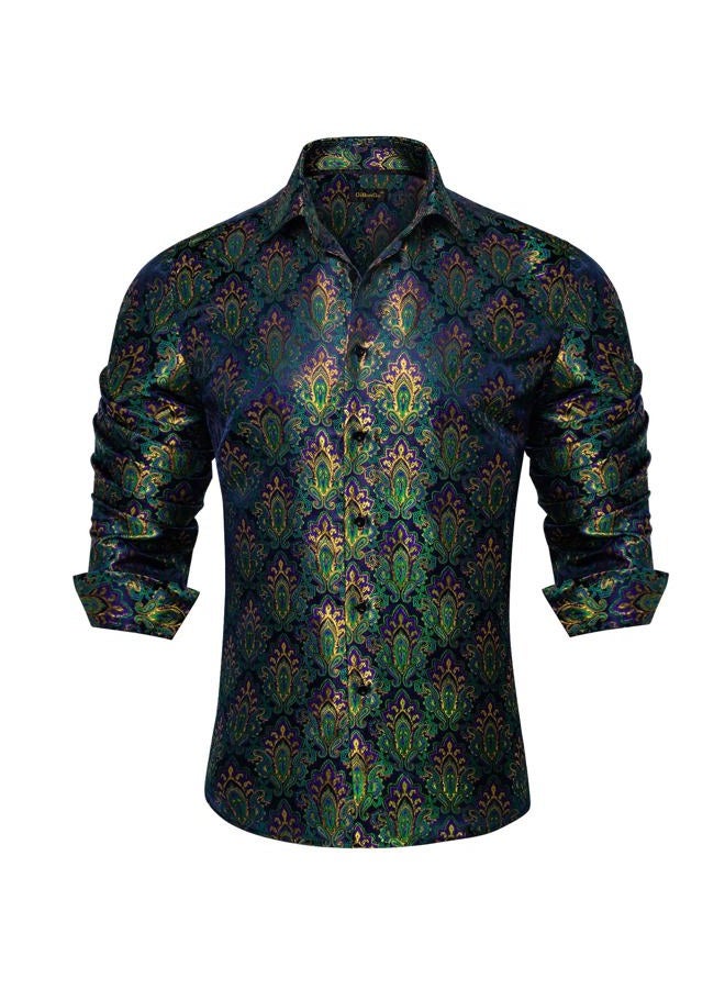 DiBanGu Mens Silk Paisley Dress Shirts,Long Sleeve Button Down Shirt Casual Regular Fit Shirt for Men Wedding Party, Green&gold&paisley, XL - Image 1
