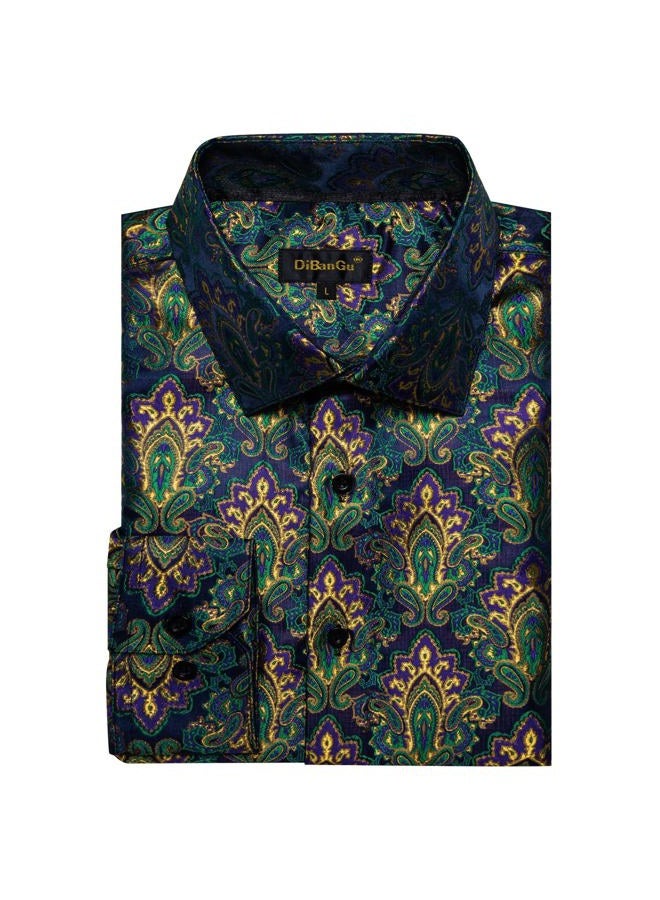 DiBanGu Mens Silk Paisley Dress Shirts,Long Sleeve Button Down Shirt Casual Regular Fit Shirt for Men Wedding Party, Green&gold&paisley, XL - Image 5