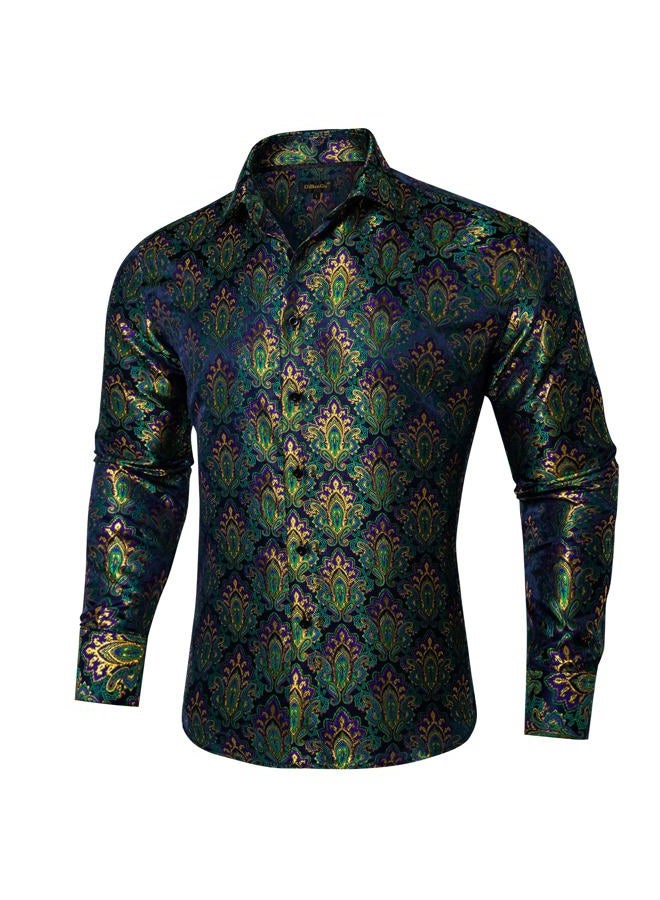 DiBanGu Mens Silk Paisley Dress Shirts,Long Sleeve Button Down Shirt Casual Regular Fit Shirt for Men Wedding Party, Green&gold&paisley, XL - Image 2