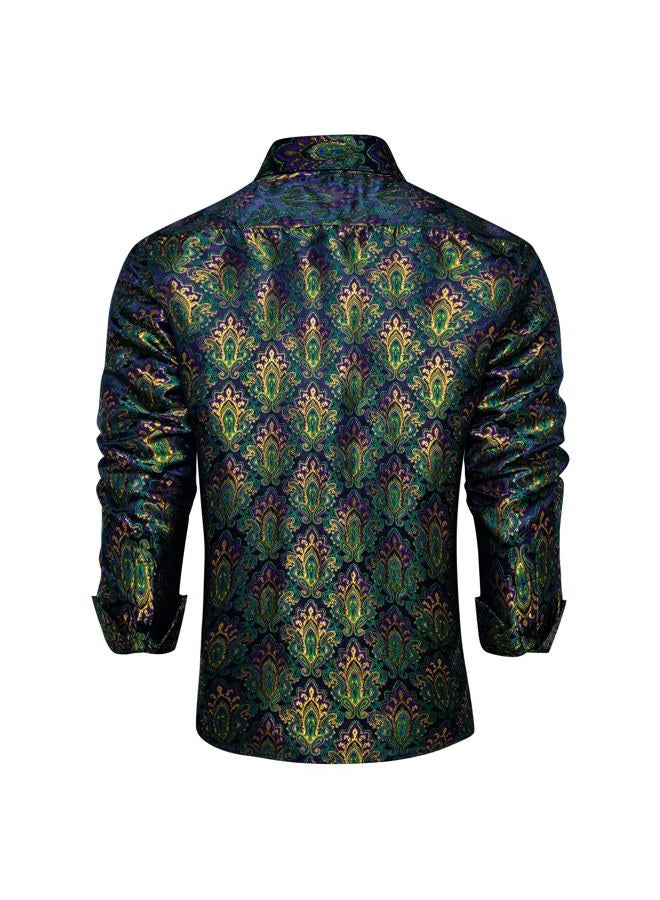 DiBanGu Mens Silk Paisley Dress Shirts,Long Sleeve Button Down Shirt Casual Regular Fit Shirt for Men Wedding Party, Green&gold&paisley, XL - Image 4