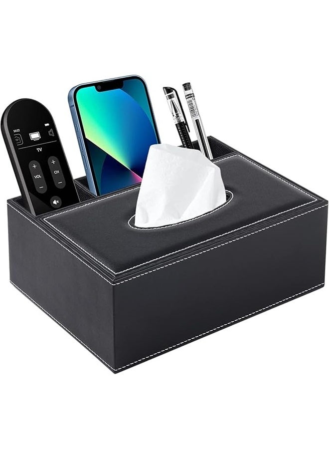 Rectangle Shaped Tissue Box Holder Black，Multifunction PU Leather Tissue Box Cover Rectangular Upgrade Large Size Stationery Napkin Remote Control Holder Storage Box,Facial Tissue Dispenser Desk Organizer Caddy Home Office Supplies (Black) - Image 1