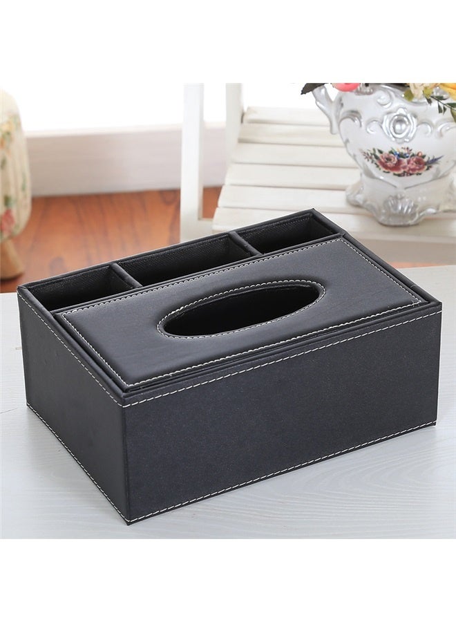 Rectangle Shaped Tissue Box Holder Black，Multifunction PU Leather Tissue Box Cover Rectangular Upgrade Large Size Stationery Napkin Remote Control Holder Storage Box,Facial Tissue Dispenser Desk Organizer Caddy Home Office Supplies (Black) - Image 2