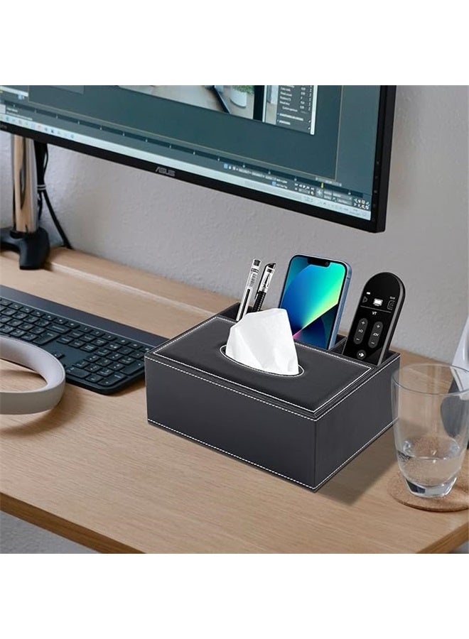 Rectangle Shaped Tissue Box Holder Black，Multifunction PU Leather Tissue Box Cover Rectangular Upgrade Large Size Stationery Napkin Remote Control Holder Storage Box,Facial Tissue Dispenser Desk Organizer Caddy Home Office Supplies (Black) - Image 3