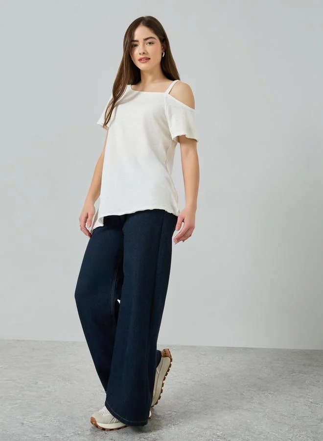 Styli White Asymmetric Shoulder Knit Top
