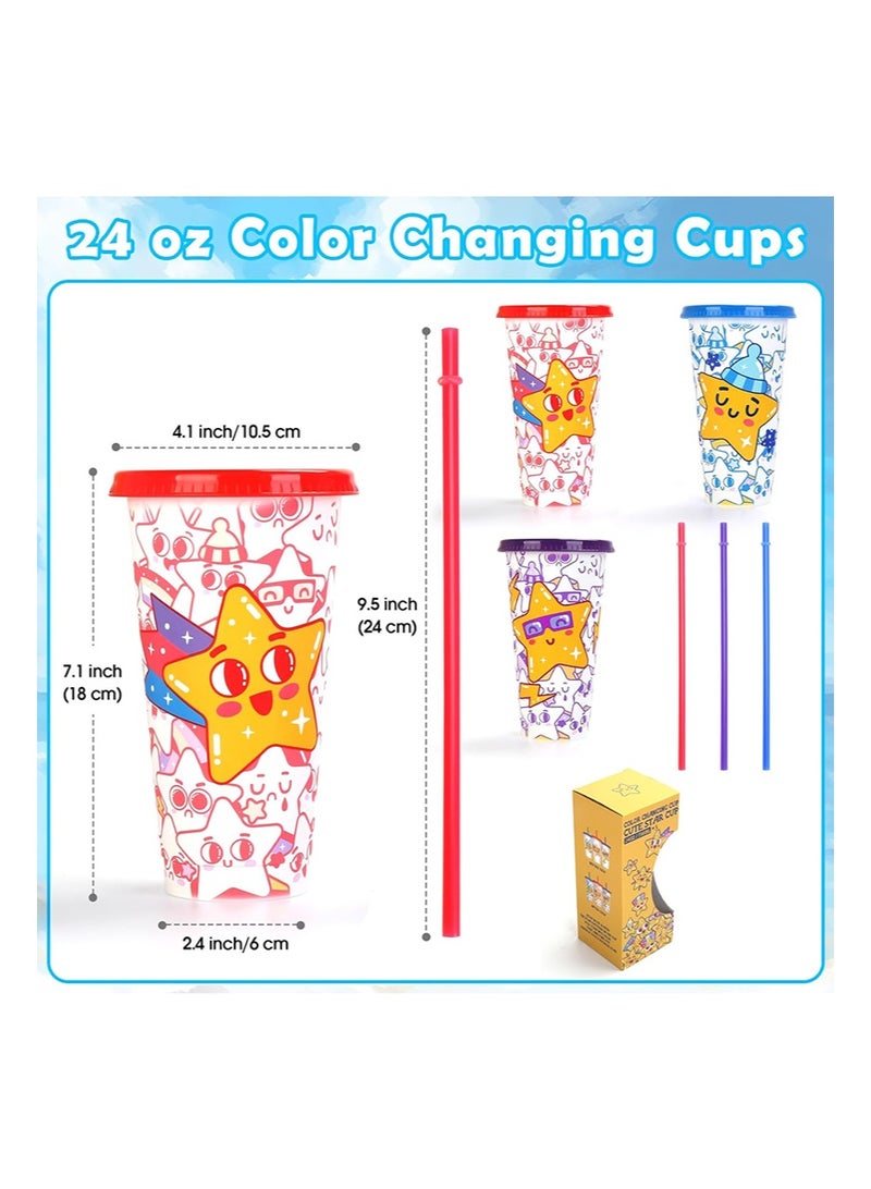 إزدنك أكواب متغيرة اللون، عبوة من 3 أكواب بلاستيكية سعة 24 أونصة مع أغطية وقش، كوب قهوة مثلج قابل لإعادة الاستخدام للنساء والبالغين وحفلات الأطفال، كوب لطيف للمشروبات المثلجة - Image 2