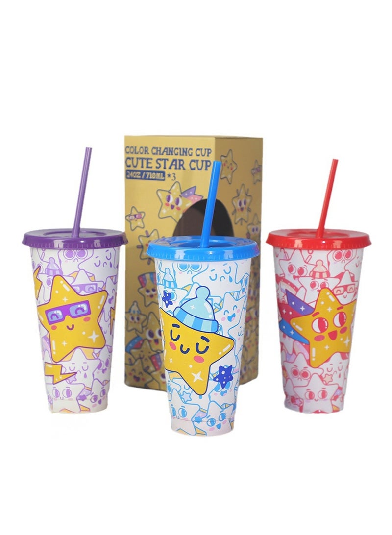 إزدنك أكواب متغيرة اللون، عبوة من 3 أكواب بلاستيكية سعة 24 أونصة مع أغطية وقش، كوب قهوة مثلج قابل لإعادة الاستخدام للنساء والبالغين وحفلات الأطفال، كوب لطيف للمشروبات المثلجة - Image 1
