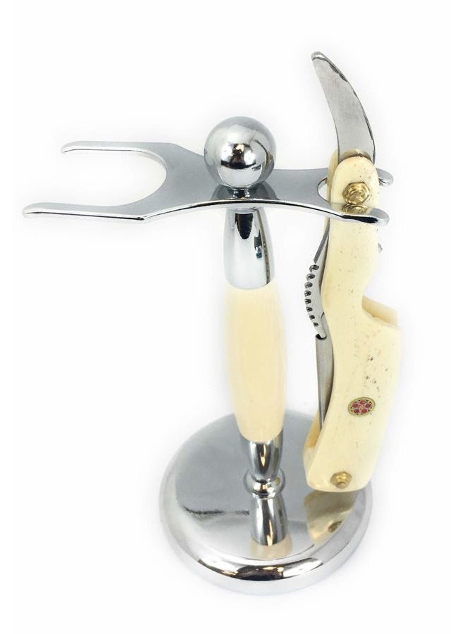 GBS FGP GBS Classic Straight Edge Razor Barber Shavette + Brush and Razor Stand - Ivory Horn Handle - Gold Accents + 10 Blades Men's Manual Shaver Excellent Locking Safety Mechanism - Image 1