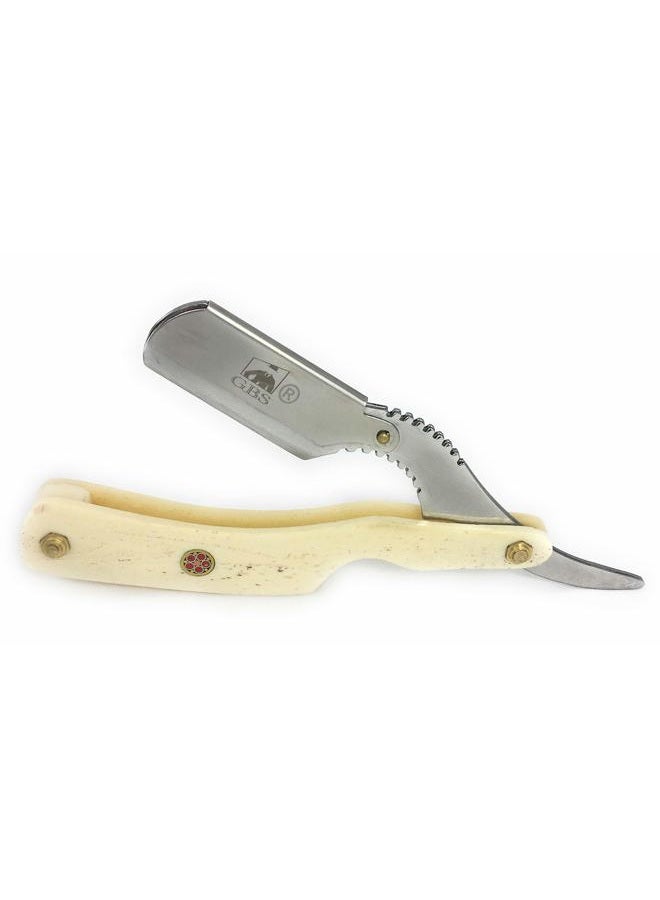 GBS FGP GBS Classic Straight Edge Razor Barber Shavette + Brush and Razor Stand - Ivory Horn Handle - Gold Accents + 10 Blades Men's Manual Shaver Excellent Locking Safety Mechanism - Image 2