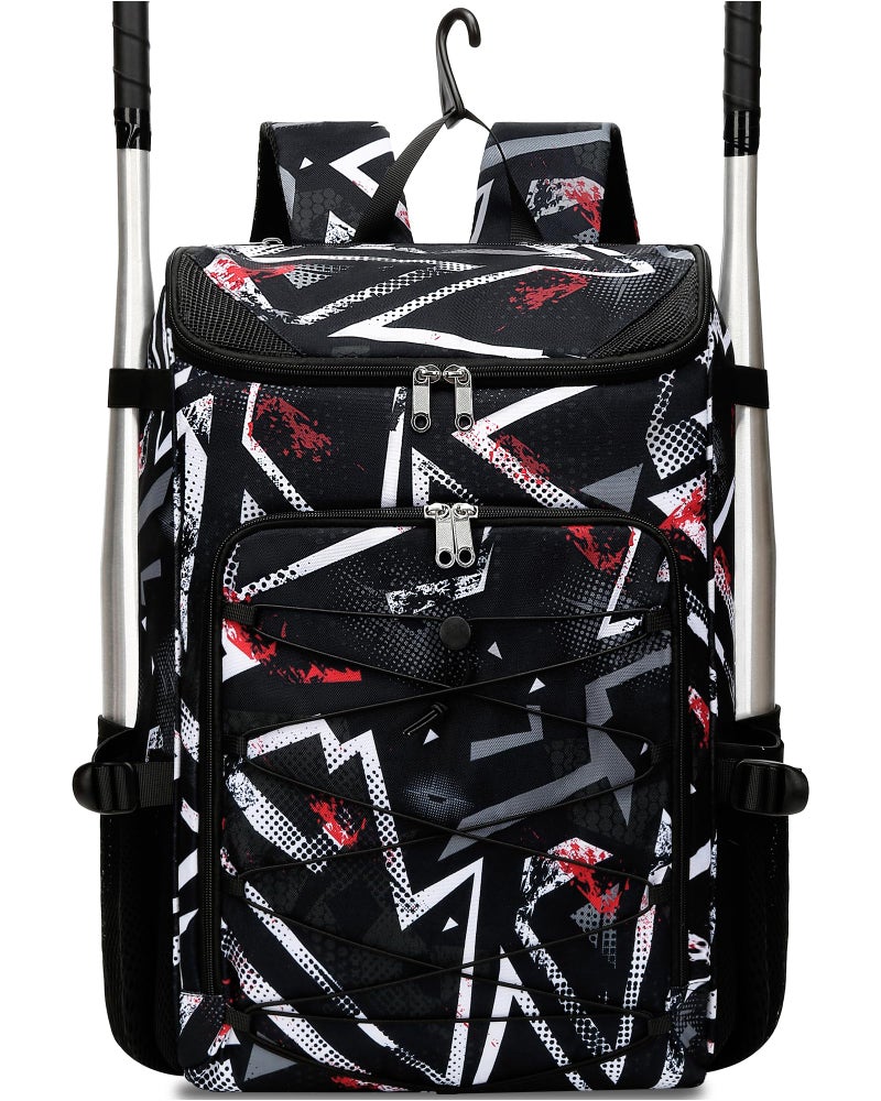 FOKDUVB Baseball Softball Equipment Bag for Boys Girls Ages 8-12 10-12 12-14 Large Kids Youth Bat Bag Backpack with Ventilated Shoe Compartment Baseball Softball Stuff Supplies (Black, Geometric) - Image 1