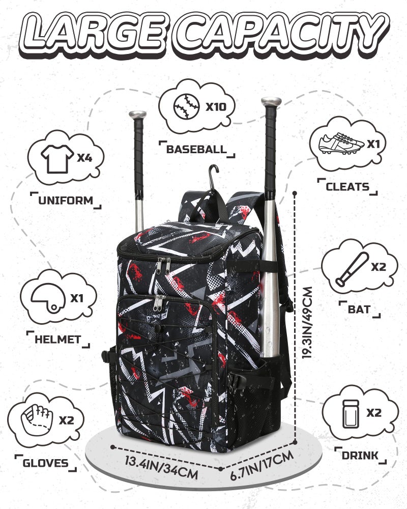 FOKDUVB Baseball Softball Equipment Bag for Boys Girls Ages 8-12 10-12 12-14 Large Kids Youth Bat Bag Backpack with Ventilated Shoe Compartment Baseball Softball Stuff Supplies (Black, Geometric) - Image 2