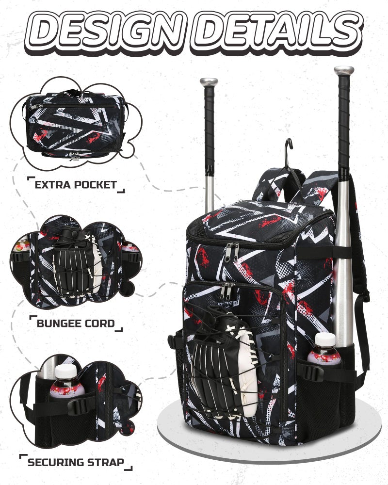 FOKDUVB Baseball Softball Equipment Bag for Boys Girls Ages 8-12 10-12 12-14 Large Kids Youth Bat Bag Backpack with Ventilated Shoe Compartment Baseball Softball Stuff Supplies (Black, Geometric) - Image 4