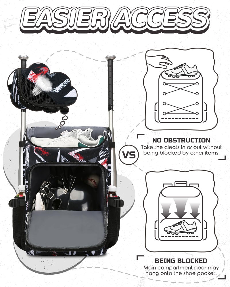 FOKDUVB Baseball Softball Equipment Bag for Boys Girls Ages 8-12 10-12 12-14 Large Kids Youth Bat Bag Backpack with Ventilated Shoe Compartment Baseball Softball Stuff Supplies (Black, Geometric) - Image 3