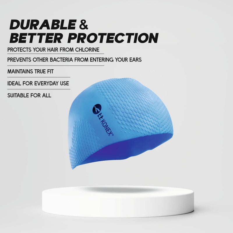 KONEX Bubble Designed Waterproof Silicone Premium Swimming Cap for Men & Women | Stretchable & Quick-Dry | Prevents Hair Pull & Chemical Damage | Ideal for Children & Adults (Blue) - Image 3