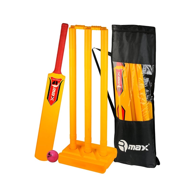 RMAX Plastic Cricket kit for Tennis, Rubber & Wind Ball All Age Groups and Sizes (1 Cricket Bat, 3 Wickets, 1 Base, 2 Bails, 1 Wind Ball, 1 Kit Bag) (Size 4 for Age Group 9-11 Years) - Image 1