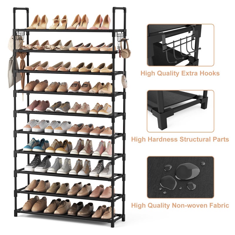 VTRIN 10 Tier Shoe Rack Tall Large Capacity Wide Shoe Organizer with Two Hooks Sturdy Metal Shoe Shelf for Entryway, Closet, Bedroom - Image 4