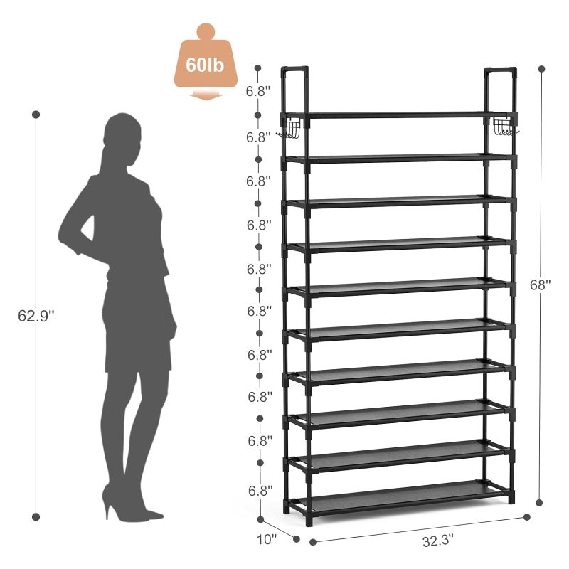 VTRIN 10 Tier Shoe Rack Tall Large Capacity Wide Shoe Organizer with Two Hooks Sturdy Metal Shoe Shelf for Entryway, Closet, Bedroom - Image 3