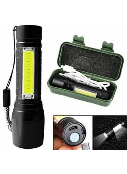 Torch Light USB Rechargeable LED Zoom able Flashlight Torch Lamp Litmus Built in Battery with USB Cable Gift Box Torch Emergency Light Black