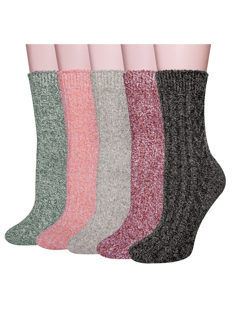 5 Pairs of Cozy Warm Thick Knit Vintage Wool Socks for Women Casual Gift Collection in Solid Colors - Image 1