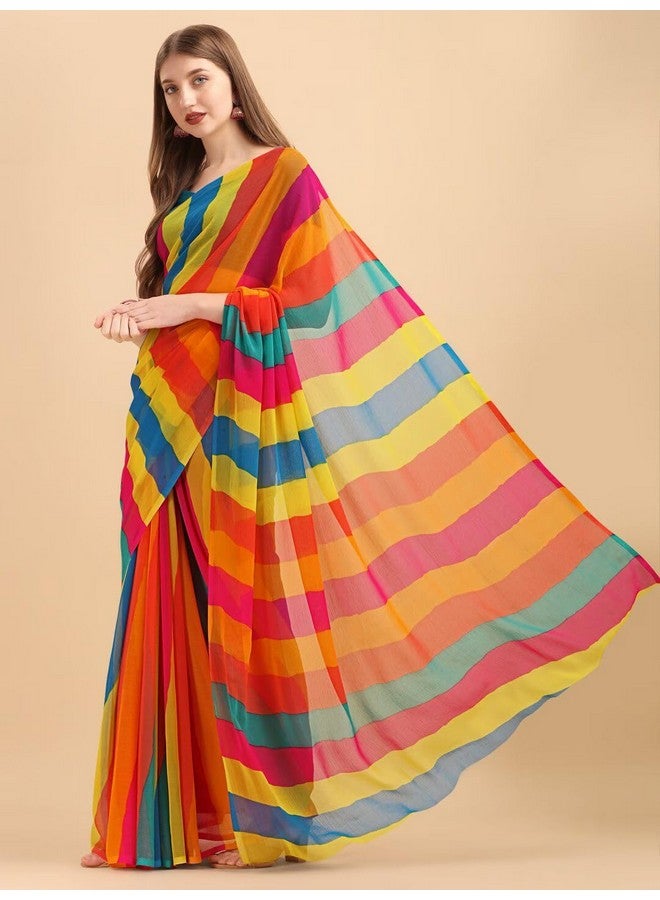 rytras Yellow & Turquoise Blue Colourblocked Pure Chiffon Saree - Image 3