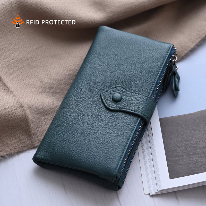 Bveyzi Women Soft Leather RFID Blocking Bifold Slim Wallets Ladies Credit Card Holder Double Zipper Pocket(Blue) - Image 2