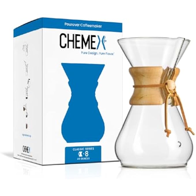 Chemex Classic 8Cup PourOver Coffeemaker  Handcrafted Borosilicate Glass Polished Wood Collar With Leather Tie Durable Dishwasher Safe - Image 1
