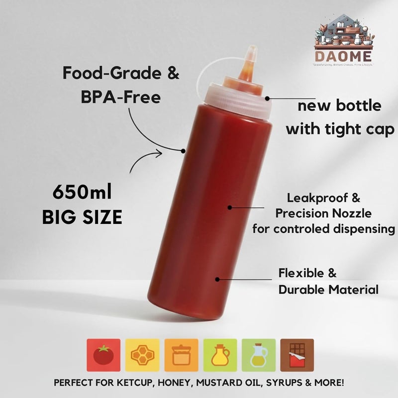 DAOME زجاجة ضغط بلاستيكية لتوزيع الكاتشب والخردل والعسل والزيوت والصلصات، بيضاء، 650 مل (2 قطعة) - Image 2