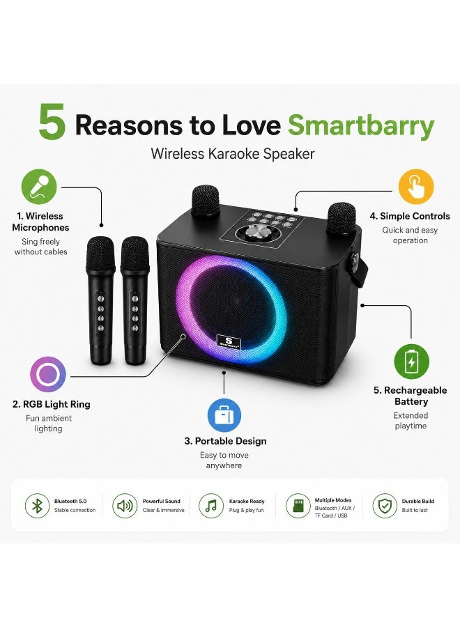 Smartbarry Bluetooth Karaoke Speaker M23 Max with Dual Wireless Microphones, RGB LED Light Ring, Portable Rechargeable Party Sound System, Deep Bass Audio, Family Singing and Music Entertainment - Image 5
