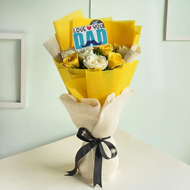 FlowerAura Fresh Flower Bouquet Gift 12 Yellow White Rose Flowers With Topper For Birthday Gift Gift Gift For Papa Gift For Dad Gift For FatherInLaw Same Day Delivery - Image 1