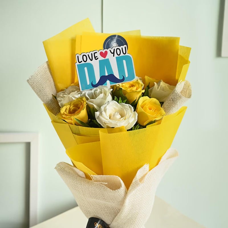 FlowerAura Fresh Flower Bouquet Gift 12 Yellow White Rose Flowers With Topper For Birthday Gift Gift Gift For Papa Gift For Dad Gift For FatherInLaw Same Day Delivery - Image 2