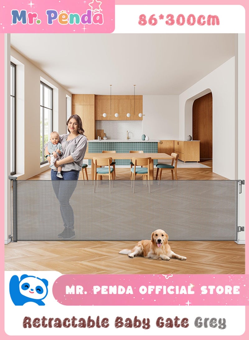 Mr. Penda Baby Safety Gate, Extends to 300cm Retractable Mesh Barrier, 86cm Tall Panel with Auto Lock Mechanism, for Large Doorways Wide Stairs and Open Hallways, Baby Proofing Essential (Gray) - Image 1