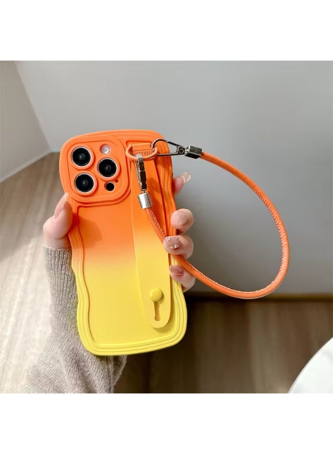 Temu Phone case with a gradient color and wave design wrist strap for iPhone 16 Pro, with drop protection and a lanyard.