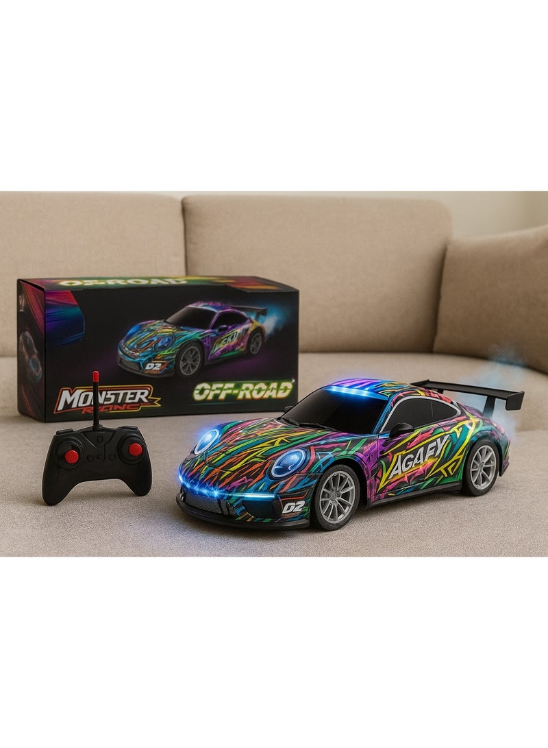 متجر 7 سيارة سباق ريموت كنترول للأطفال بإضاءة وبخار – لعبة سيارة تحكم عن بُعد تصميم رياضي – تعمل بالبطاريات 1:22 – سيارة شحن كهربائية بإضاءة LED ومؤثرات ضباب – لعبة سباق ترفيهية للأولاد والبنات - Image 4