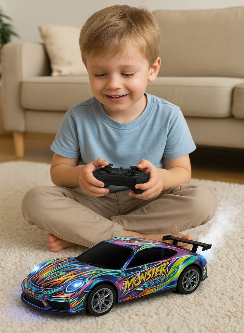 متجر 7 سيارة سباق ريموت كنترول للأطفال بإضاءة وبخار – لعبة سيارة تحكم عن بُعد تصميم رياضي – تعمل بالبطاريات 1:22 – سيارة شحن كهربائية بإضاءة LED ومؤثرات ضباب – لعبة سباق ترفيهية للأولاد والبنات - Image 1