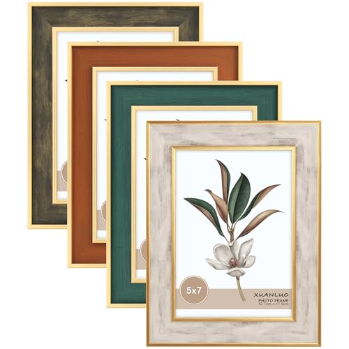 XUANLUO 4 Pack Picture Frames Farmhouse Rustic Picture Frame Sets with Distressed Wood GrainDisplay Pictures Tabletop or Wall Decor Mix Color 5x7 4pc - Image 1