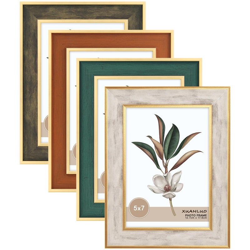 XUANLUO 4 Pack Picture Frames Farmhouse Rustic Picture Frame Sets with Distressed Wood GrainDisplay Pictures Tabletop or Wall Decor Mix Color 5x7 4pc - Image 2