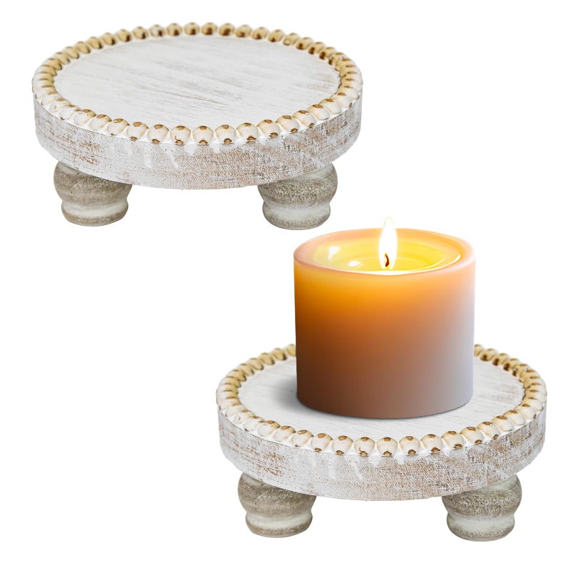CEDARLUX Small Wood Risers for Decor, Round Wooden Display Risers Candle Plates and Trays, Farmhouse Candle Trays Home Decor, Pedestal Stand for Mini Cake, Mug Display Decorative, Table Centerpiece, White - Image 1