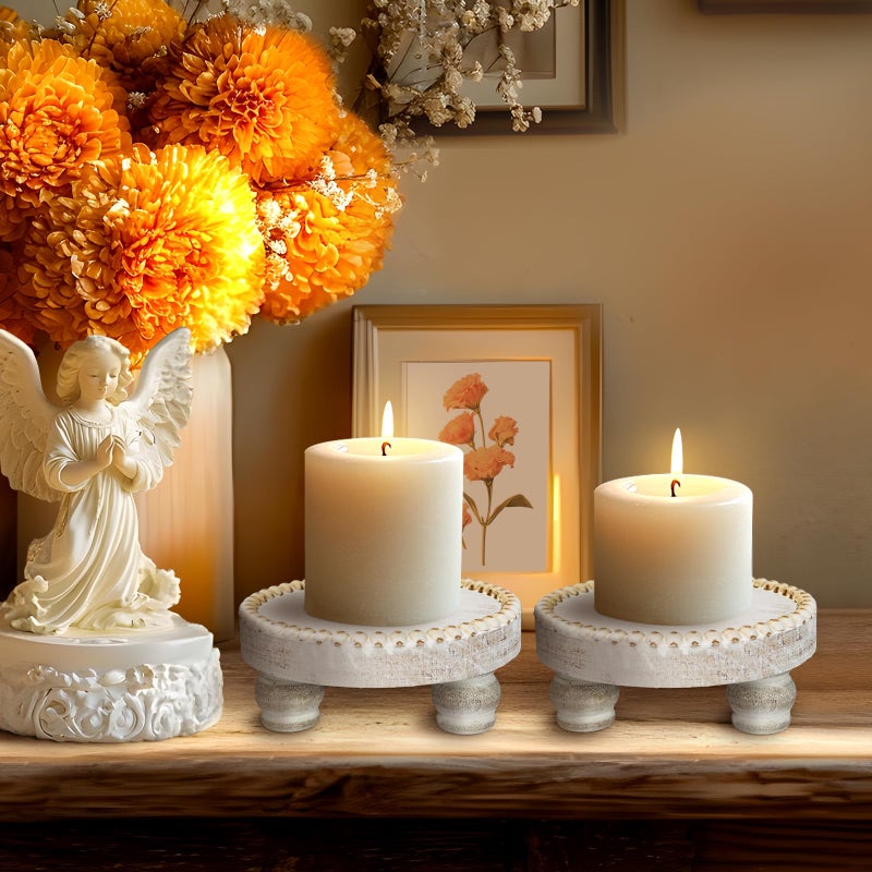 CEDARLUX Small Wood Risers for Decor, Round Wooden Display Risers Candle Plates and Trays, Farmhouse Candle Trays Home Decor, Pedestal Stand for Mini Cake, Mug Display Decorative, Table Centerpiece, White - Image 2