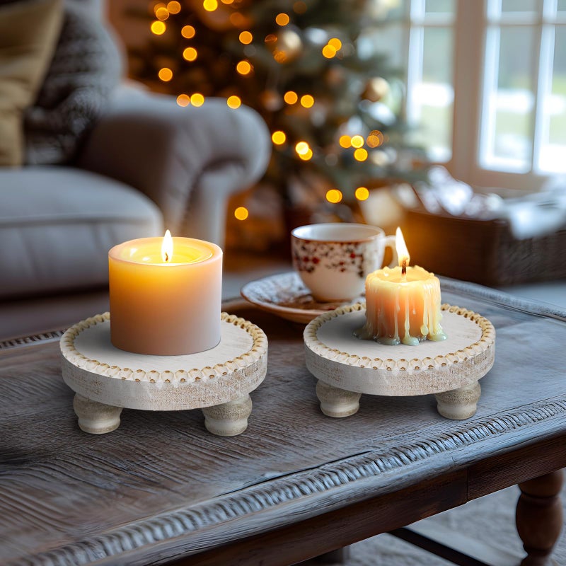 CEDARLUX Small Wood Risers for Decor, Round Wooden Display Risers Candle Plates and Trays, Farmhouse Candle Trays Home Decor, Pedestal Stand for Mini Cake, Mug Display Decorative, Table Centerpiece, White - Image 5