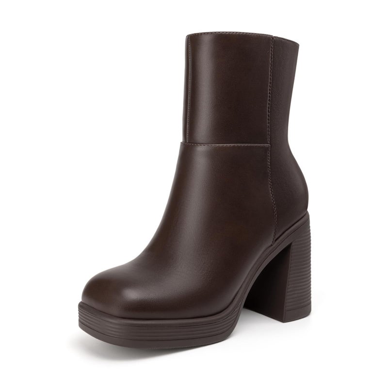 Athlefit Women's Platform Ankle Boots High Chunky Block Heel Brown Boots Fashion Square Toe Zipper Heeled Booties Size 8 - Image 1