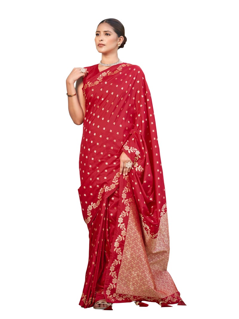 MANOHARI Women's Most Trendy Banarasi Satin Silk Woven Red Saree With Heavy Jacquard Work Saree With Blouse Piece_MN2063 - Image 1