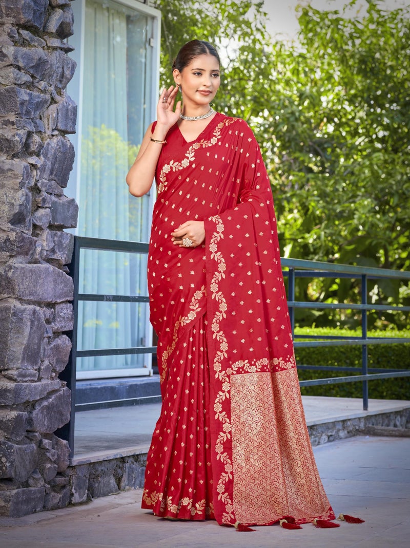 MANOHARI Women's Most Trendy Banarasi Satin Silk Woven Red Saree With Heavy Jacquard Work Saree With Blouse Piece_MN2063 - Image 2