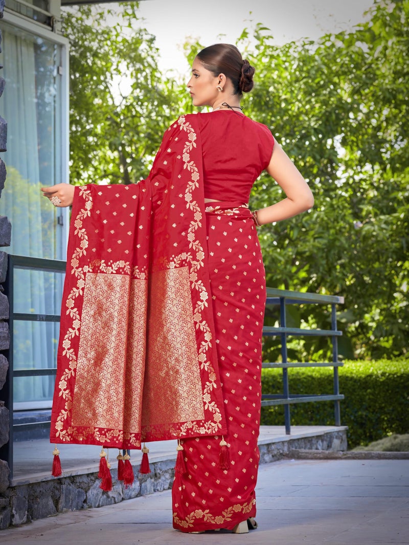 MANOHARI Women's Most Trendy Banarasi Satin Silk Woven Red Saree With Heavy Jacquard Work Saree With Blouse Piece_MN2063 - Image 4