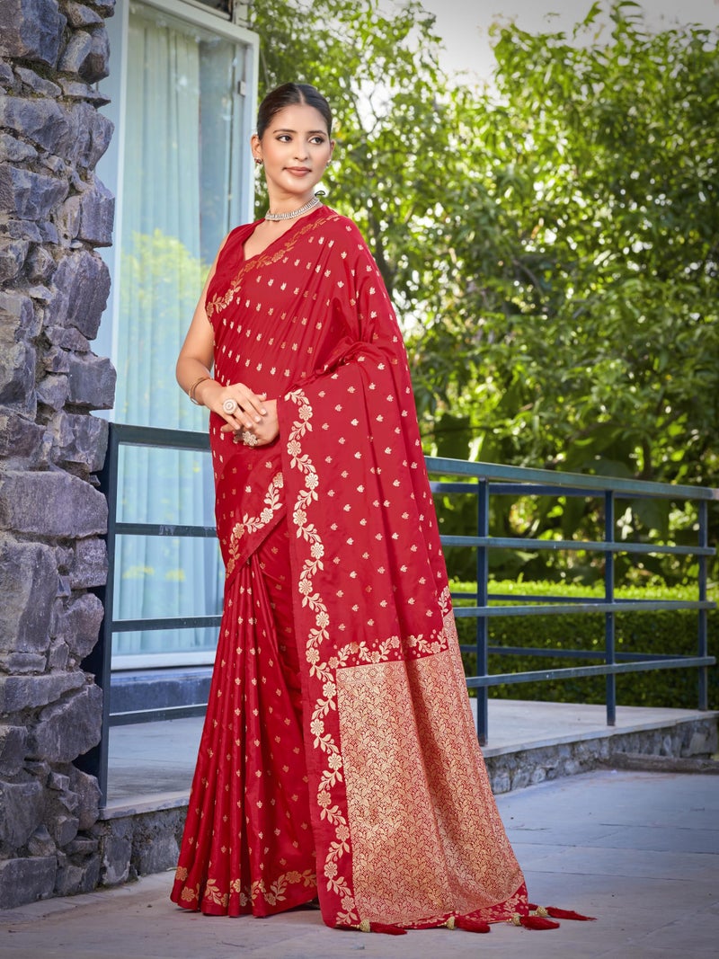 MANOHARI Women's Most Trendy Banarasi Satin Silk Woven Red Saree With Heavy Jacquard Work Saree With Blouse Piece_MN2063 - Image 3