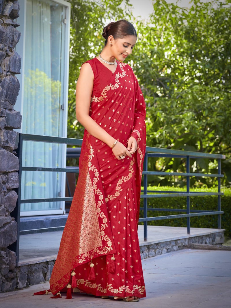 MANOHARI Women's Most Trendy Banarasi Satin Silk Woven Red Saree With Heavy Jacquard Work Saree With Blouse Piece_MN2063 - Image 5