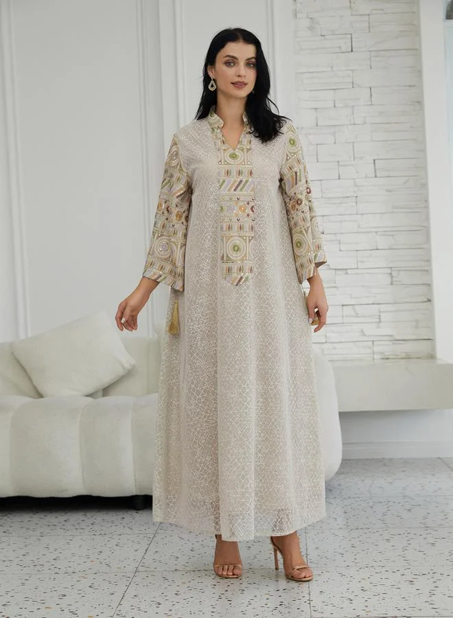 Take Two Beige Textured Sequin Patch A-Line Jalabiya
