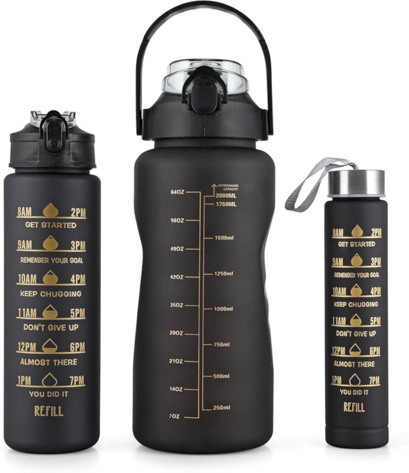 TORCHIT Set of 3 Water Bottle 2000ML, 900ML, 300ML with Motivational Time Marker, Leakproof Durable Sipper Water bottle for office, School, gym (BLACK)