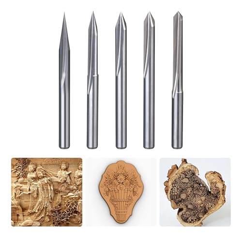HUHAO 5PCS CNC Wood Carving Router Bit Set,20-90 Degree Engraving 1/8 Inch Shank V Bit 2 Flute 0.1mm Tip Carbide V Bit for Acrylic Metals Wood MDF PVC - Image 1