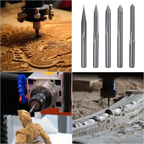 HUHAO 5PCS CNC Wood Carving Router Bit Set,20-90 Degree Engraving 1/8 Inch Shank V Bit 2 Flute 0.1mm Tip Carbide V Bit for Acrylic Metals Wood MDF PVC - Image 4