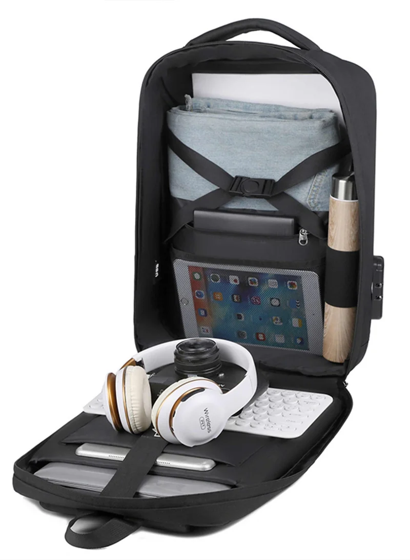 Hike Black Semi Hard 16-inch Unisex Laptop Backpack with Built in Combination lock and USB/ Headphone Port Daypack for Travel, Office and Business, HK2252, Black  | Best Price UAE