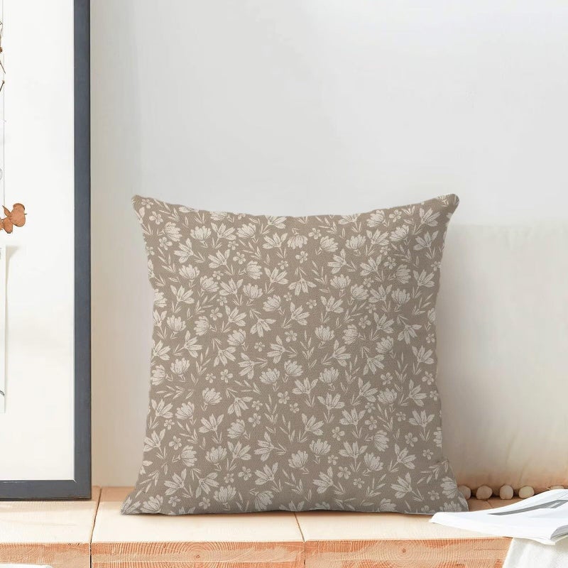AEIOAE Tan Khaki Daisy Floral Pillow Covers 20 x 20 Inch Set of 2  Vintage Flowers Decorative Outdoor Throw Pillows Farmhouse Linen Block Print Floral Pillow Case for Sofa Couch Decor - Image 3